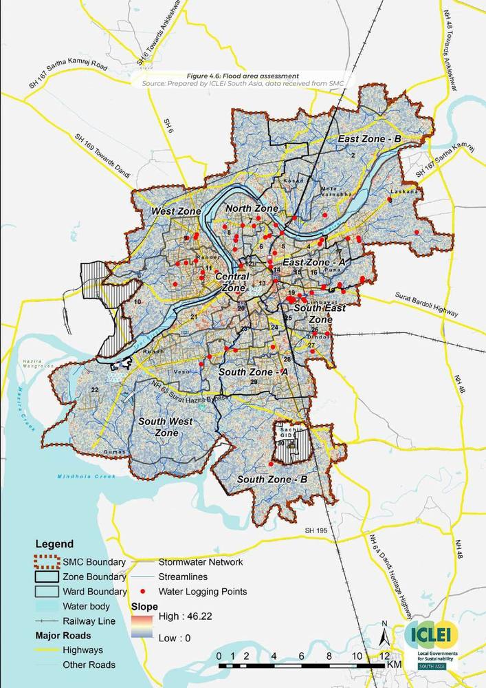 Flood area assessment. Waterlogging points against the drainage network.