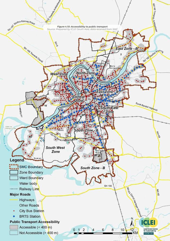 Accessibility to public transport. BRTS and city-bus stops, and the wards beyond a 400 m walk.
