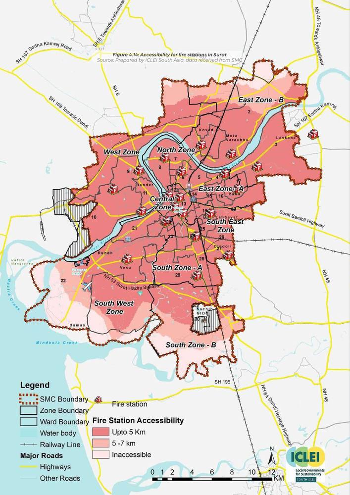 Accessibility for fire stations. Response reach across the zones.
