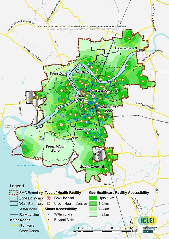 Distance from slum dwellings to government healthcare facilities.