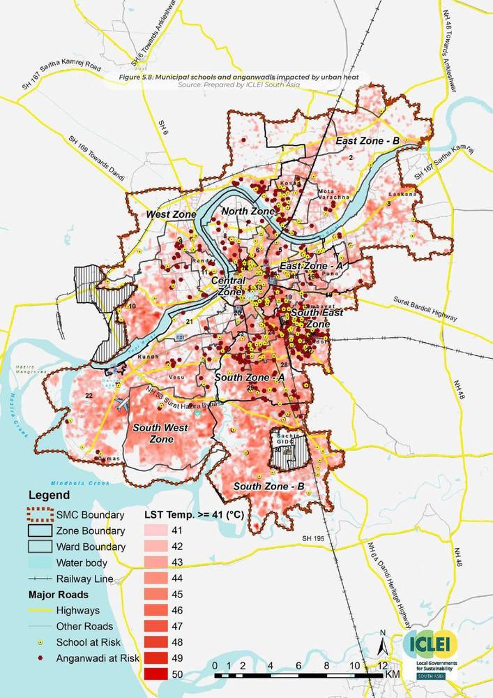 Municipal schools and anganwadis impacted by urban heat.