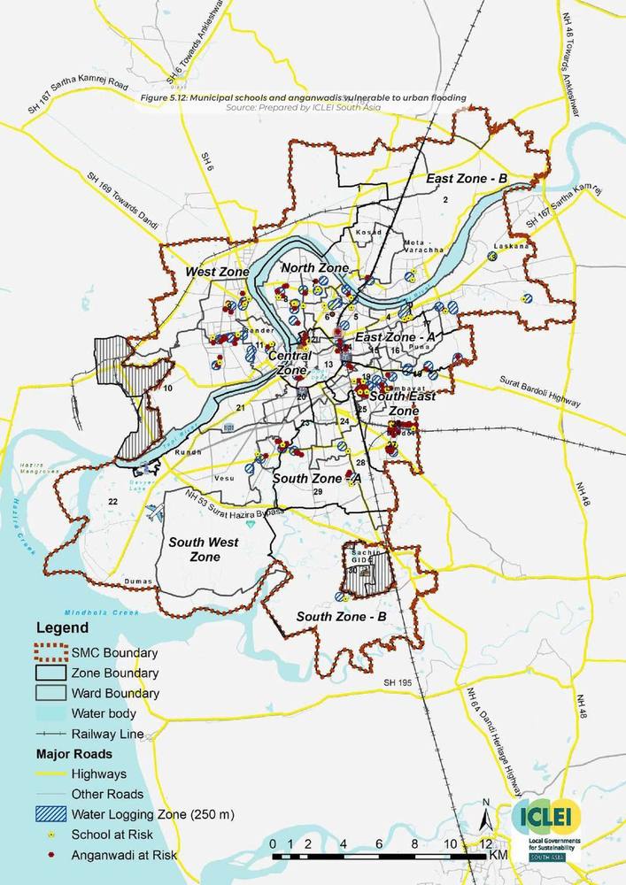 Municipal schools and anganwadis vulnerable to urban flooding.