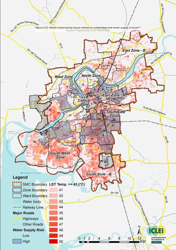 Wards impacted by issues related to urban heat and water supply. The first cross: hazard against infrastructure.