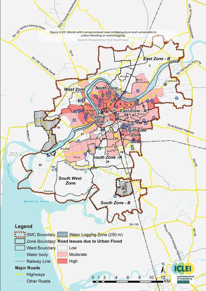 Wards with compromised road infrastructure, vulnerable to urban flooding.
