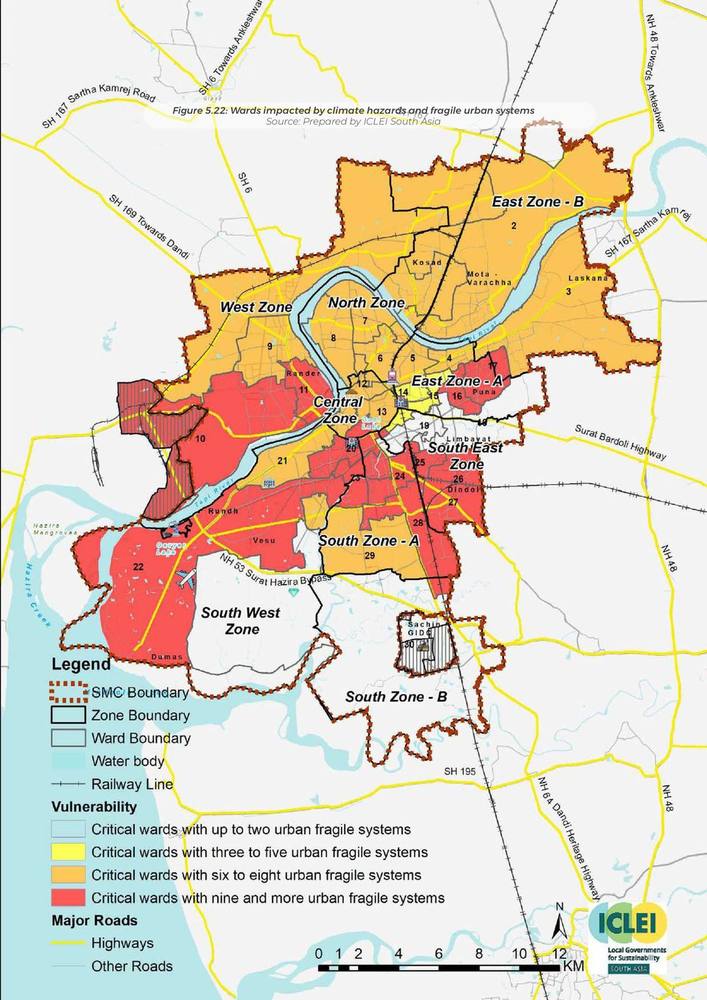 Wards impacted by climate hazards and fragile urban systems. Every hazard laid over every fragile system: the wards the plan has to answer for first.
