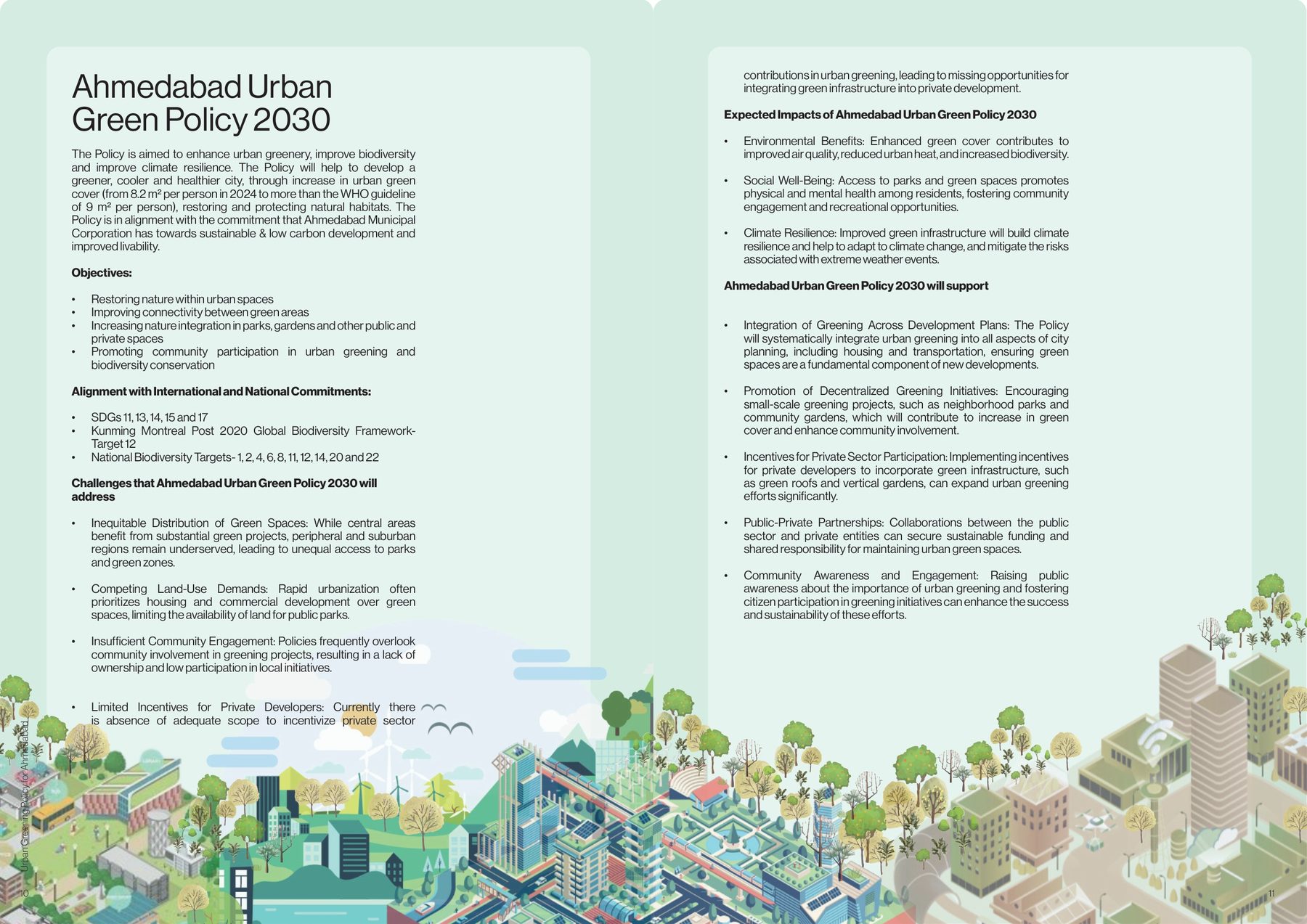 Urban Green Policy 2030. The objectives, the international and national commitments it aligns with, the challenges it names, and the illustrated city that carries the reader through the book.
