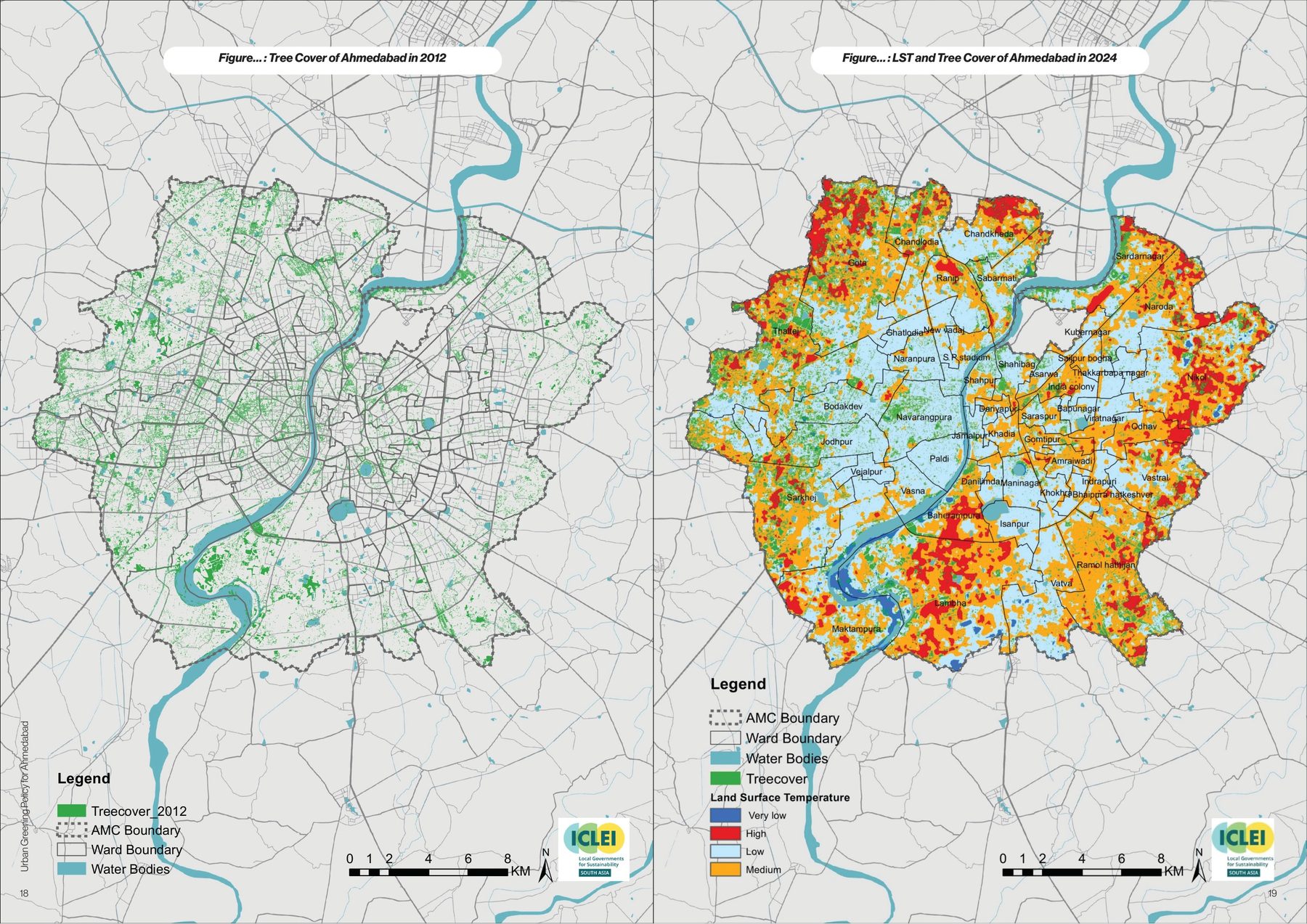 Tree cover in 2012, and land surface temperature against tree cover in 2024. The hottest ground is the barest.
