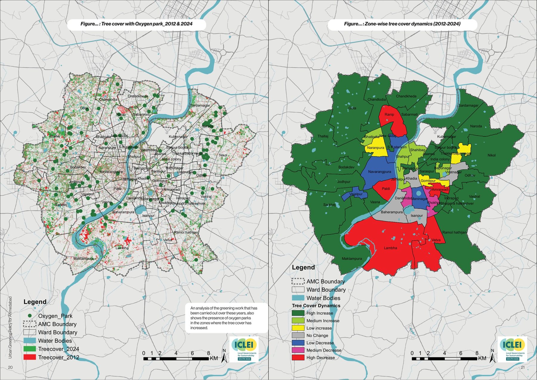 Tree cover dynamics 2012–2024. High increase to high decrease, ward by ward, with the oxygen parks marked.