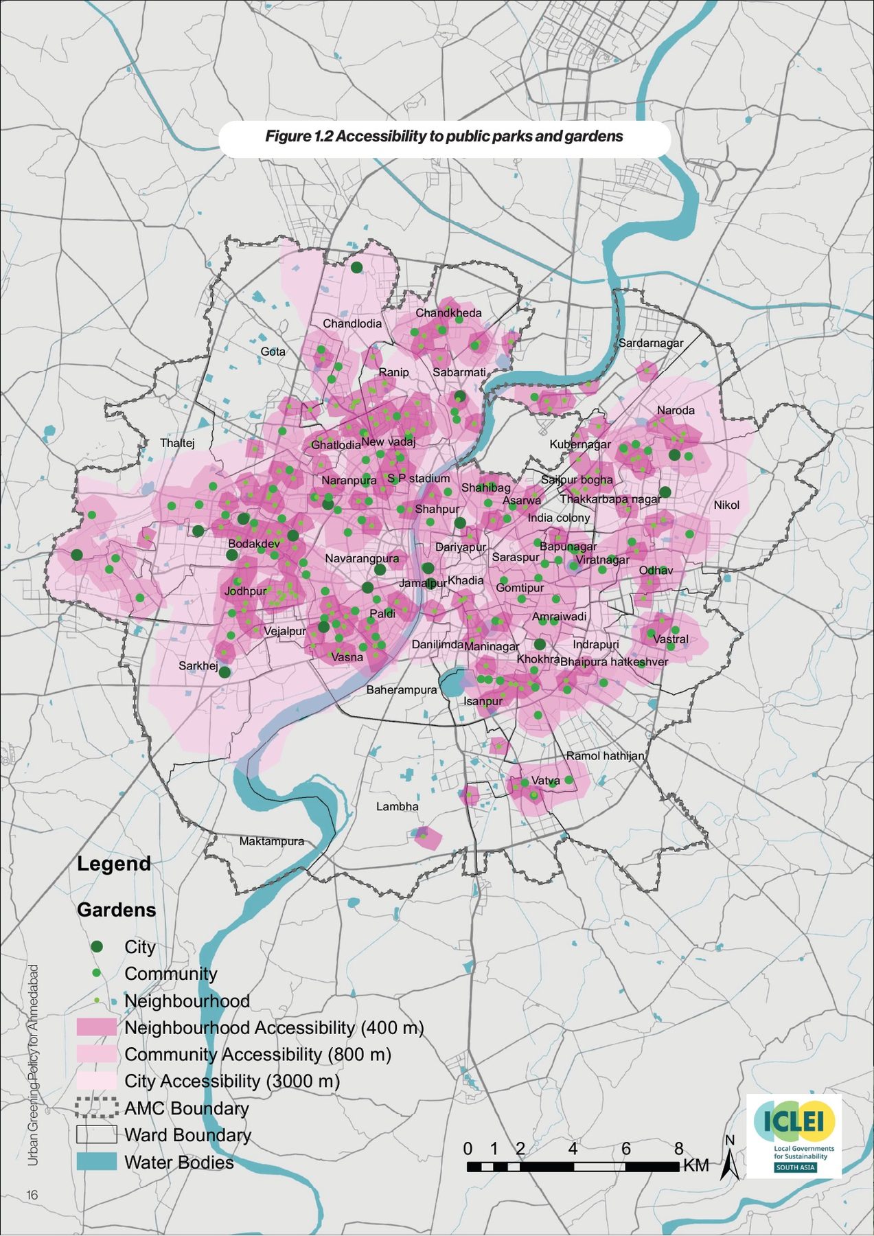 Accessibility to public parks and gardens. 83.5 per cent of the city within reach; Gota, Nikol, Vatva, Narol, Lambha and Sarkhej not.