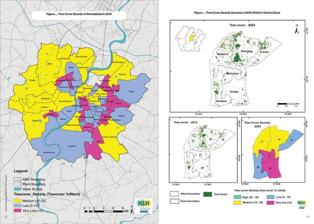 Tree cover density by ward, 2012 and 2024, and the central zone.
