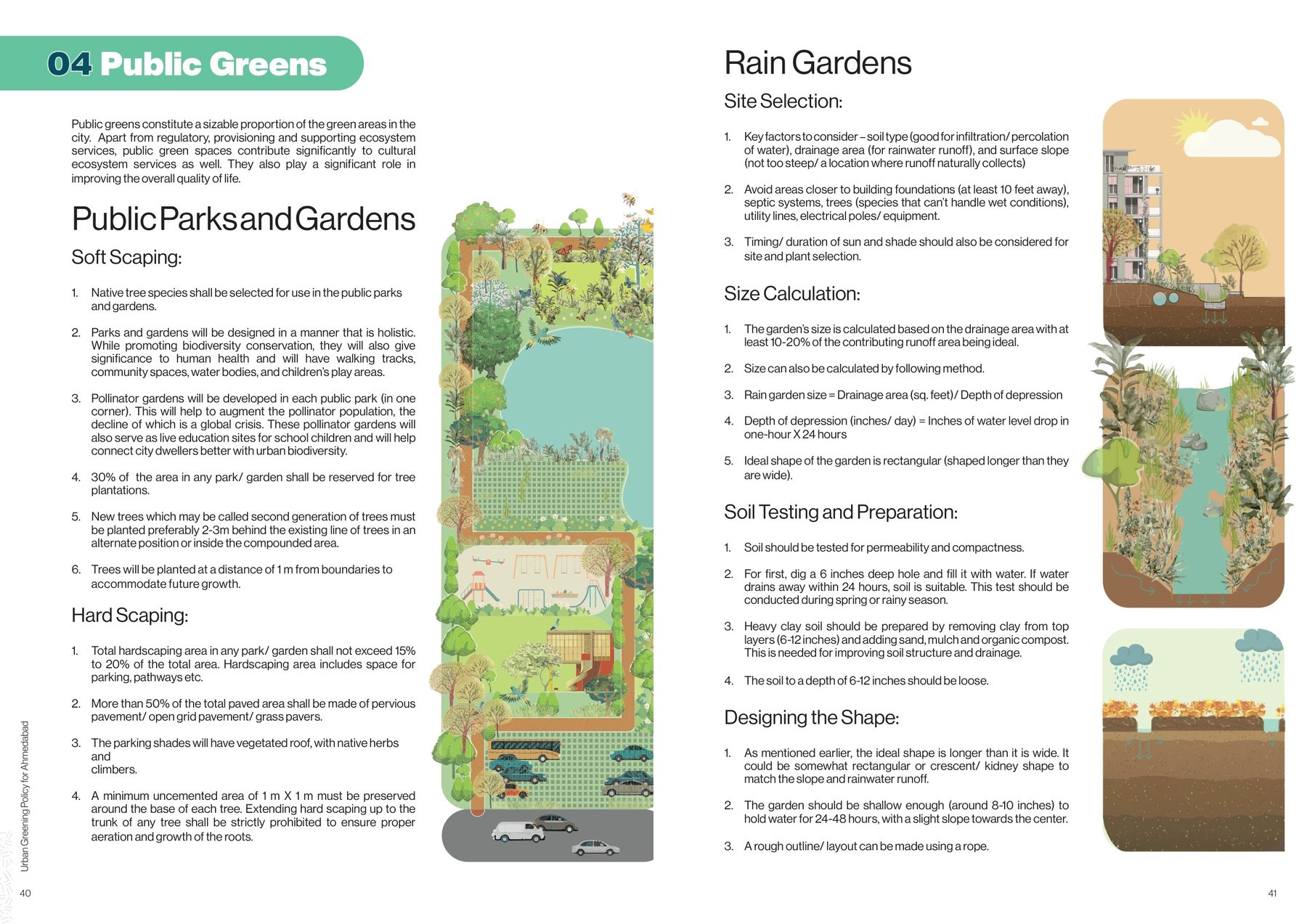 Criteria for tree species selection; the street in section; public parks and gardens; rain gardens.
