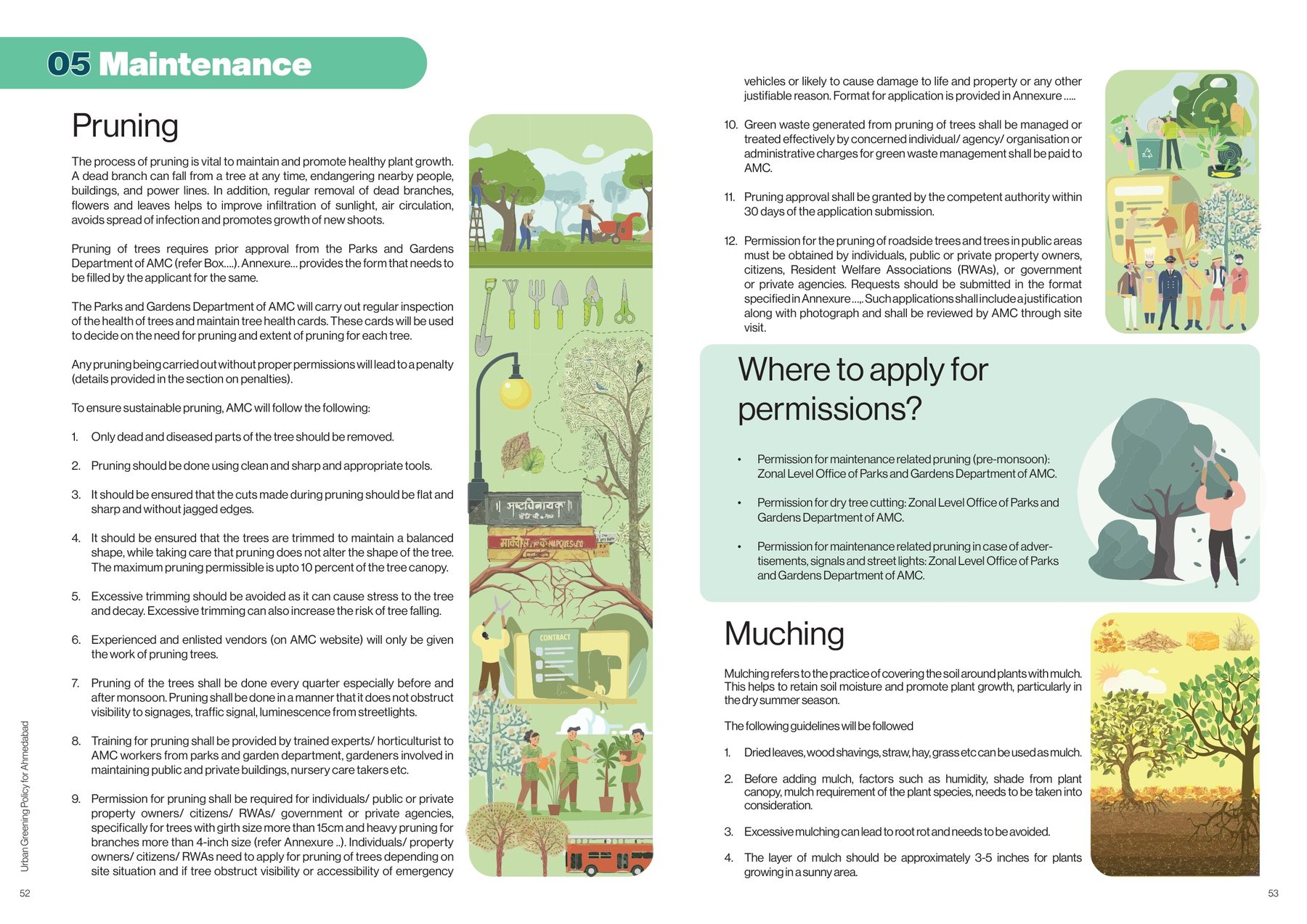 Maintenance. Pruning rules, permissions, mulching.