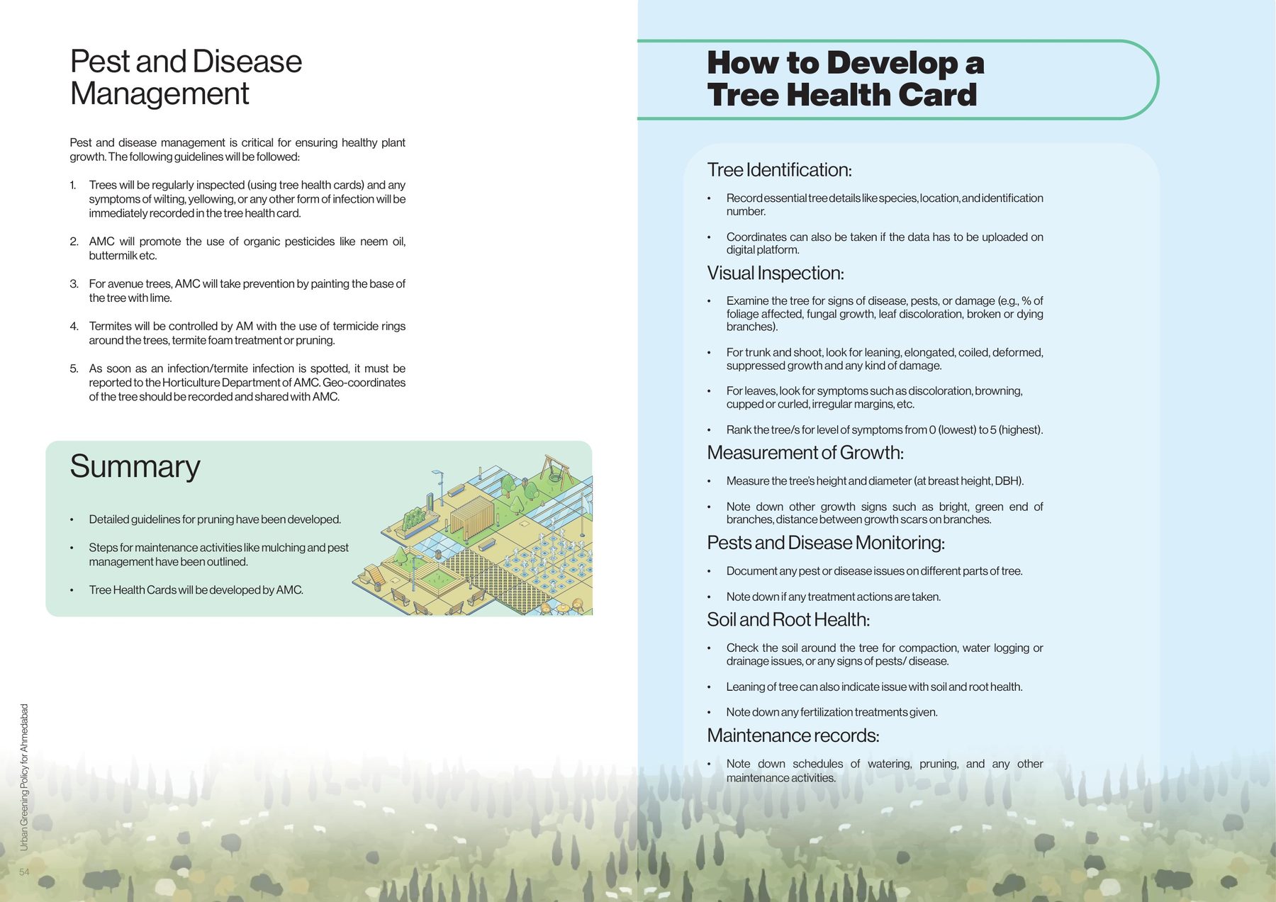 Pest and disease management, and the tree health card: identification, inspection, growth, soil and roots, records.
