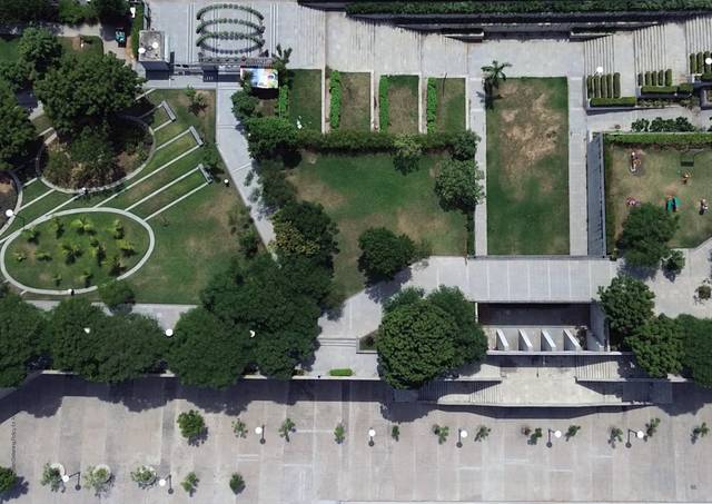 A riverfront garden from above.