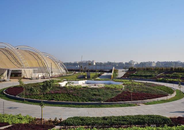 A garden under a canopy.