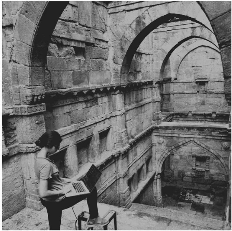 The vav's arches from the landing. The space the film would be thrown into.