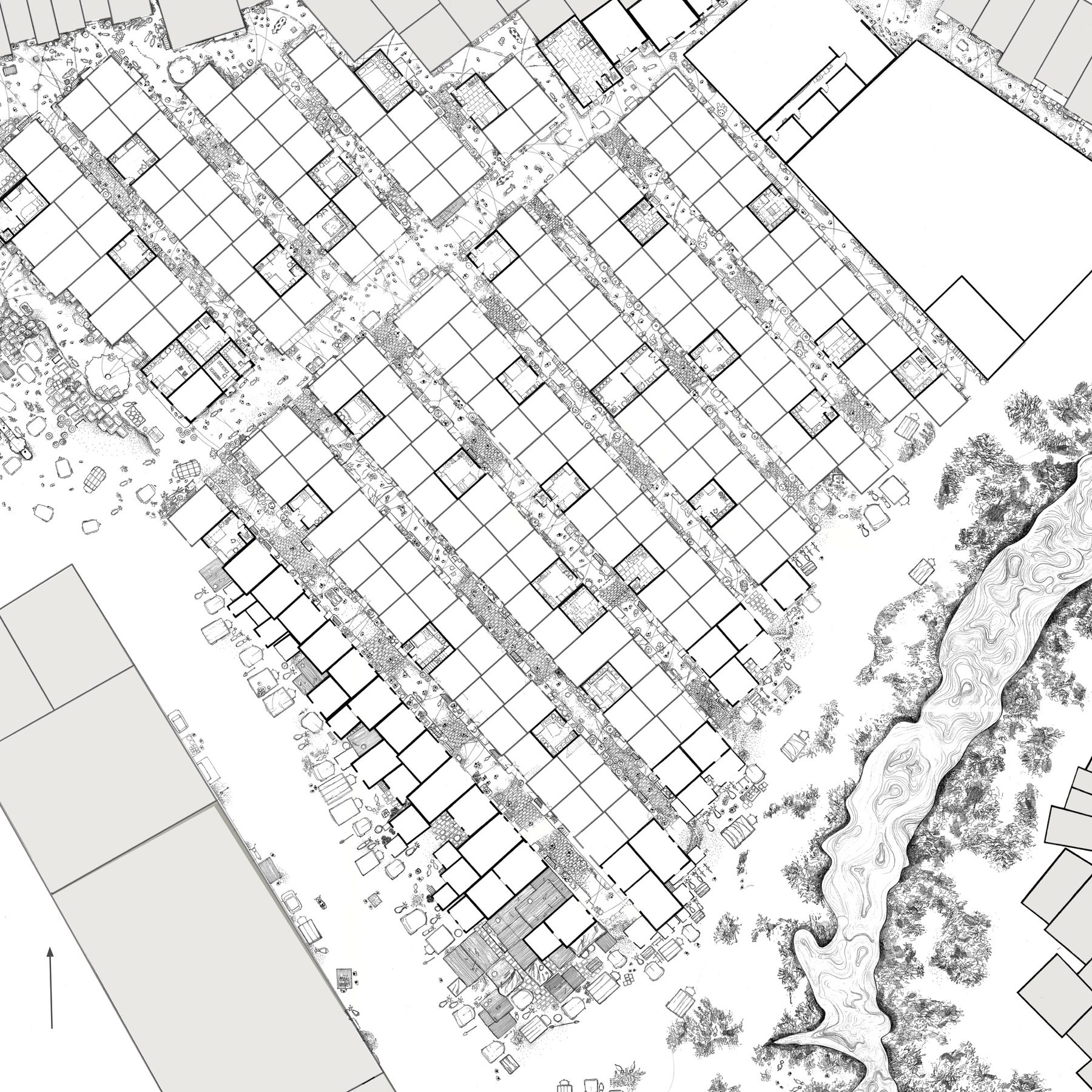 Maan Darwaza as found. The orthogonal blocks of the older housing on one side, the creek edge with its trees and informal settlement on the other, the site between them.
