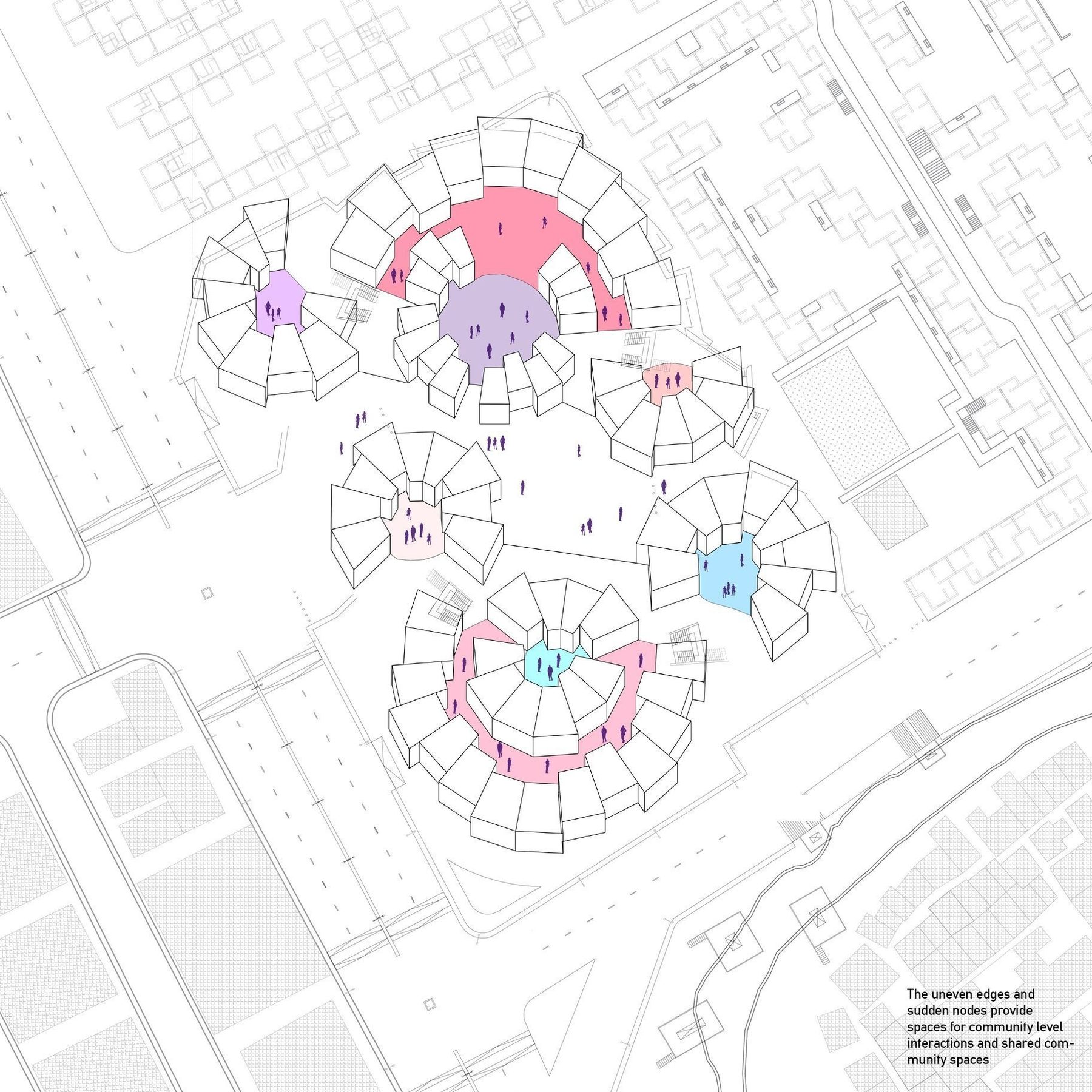 Staggered nodes. The uneven edges and sudden nodes are the shared community spaces.