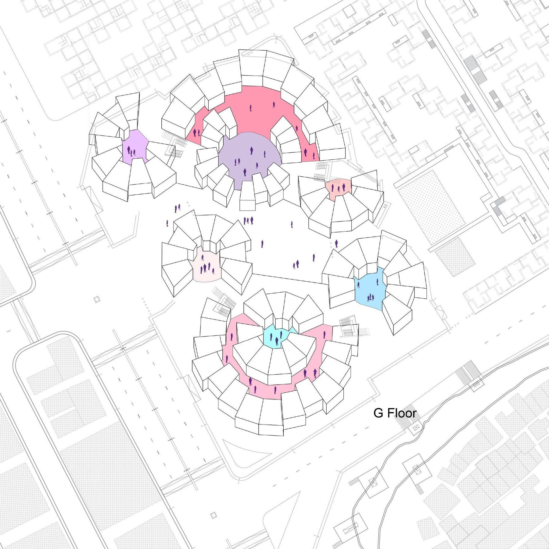 Ground floor. The staircases sit at the nodes and are shared between communities.
