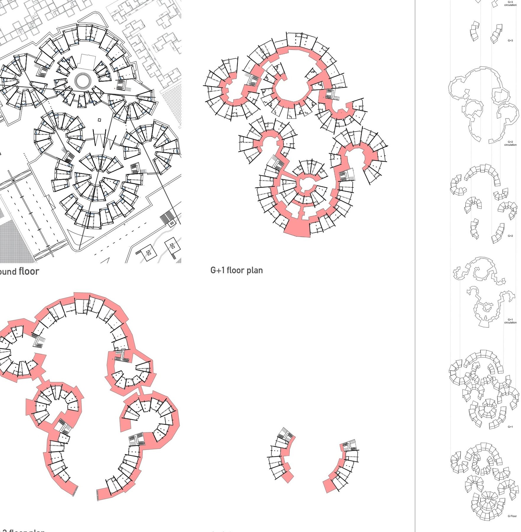 Ground, G+1, G+2 and G+3. The rings thin as they rise, and the roofs become the open space.