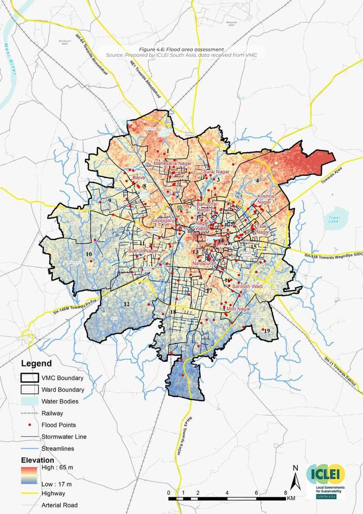 Flood area assessment. Waterlogging points against the drainage network.