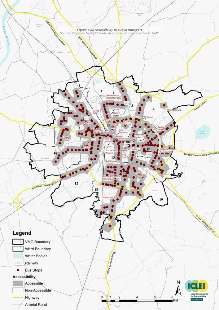 Accessibility to public transport. Bus stops and the wards beyond their reach.