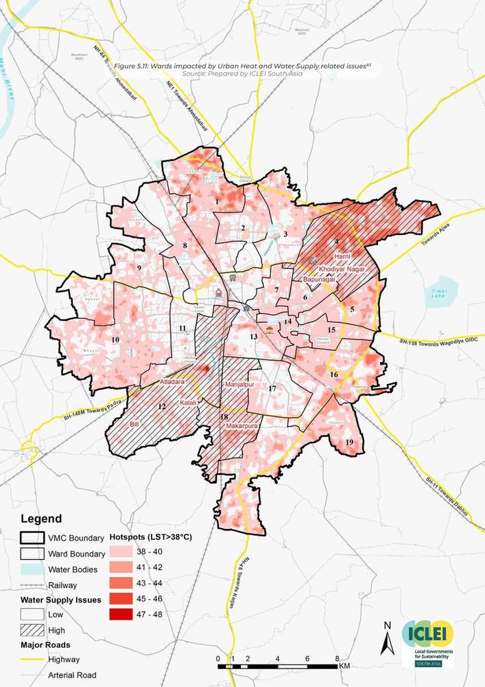Wards impacted by urban heat and water supply issues. The first cross: hazard against infrastructure.