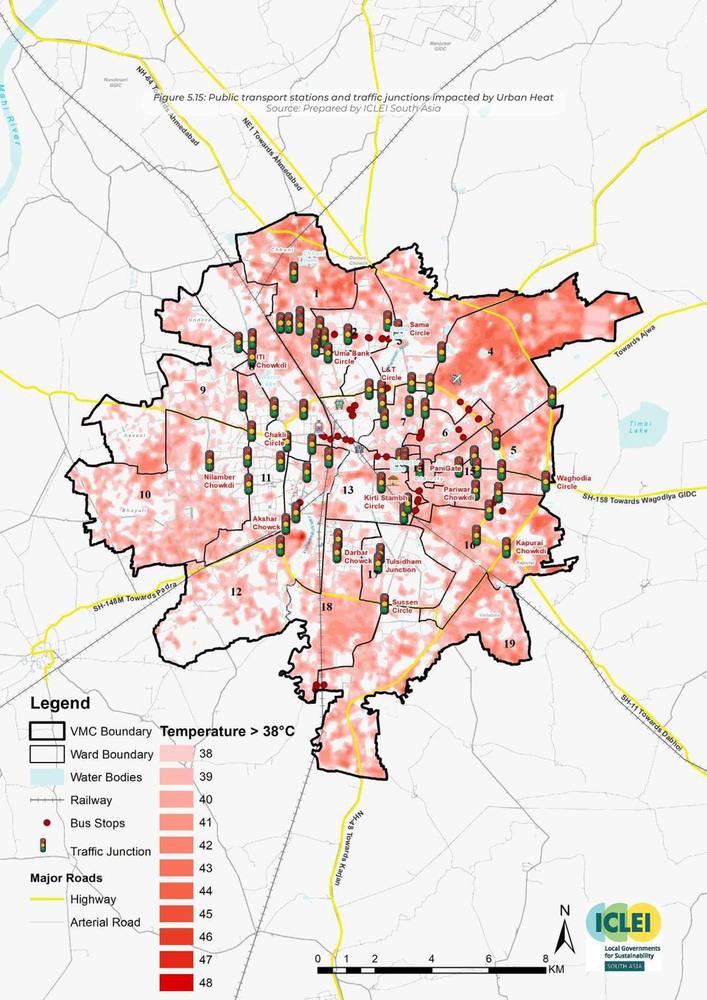 Public transport stations and traffic junctions impacted by urban heat.