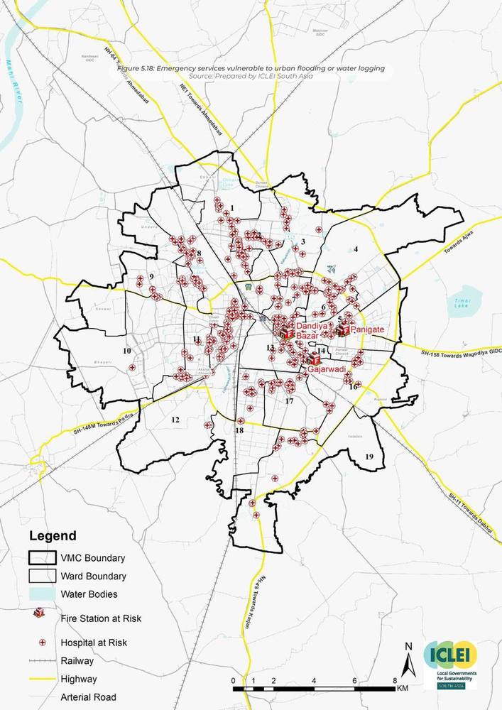 Emergency services vulnerable to urban flooding or waterlogging.