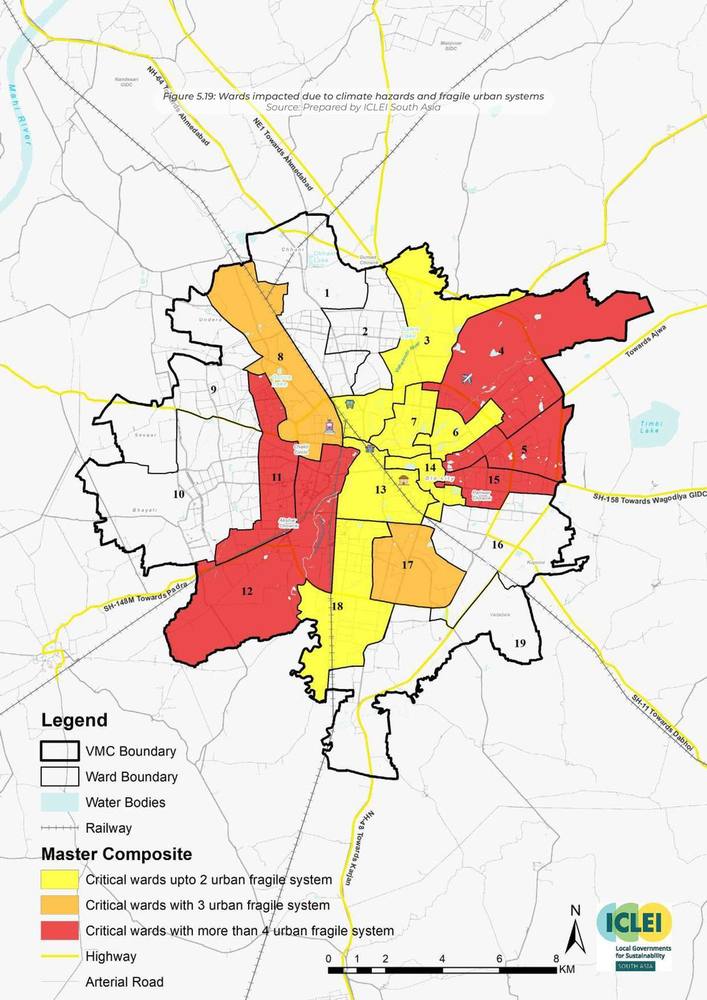 Wards impacted by climate hazards and fragile urban systems. Every hazard laid over every fragile system: the wards the plan has to answer for first.