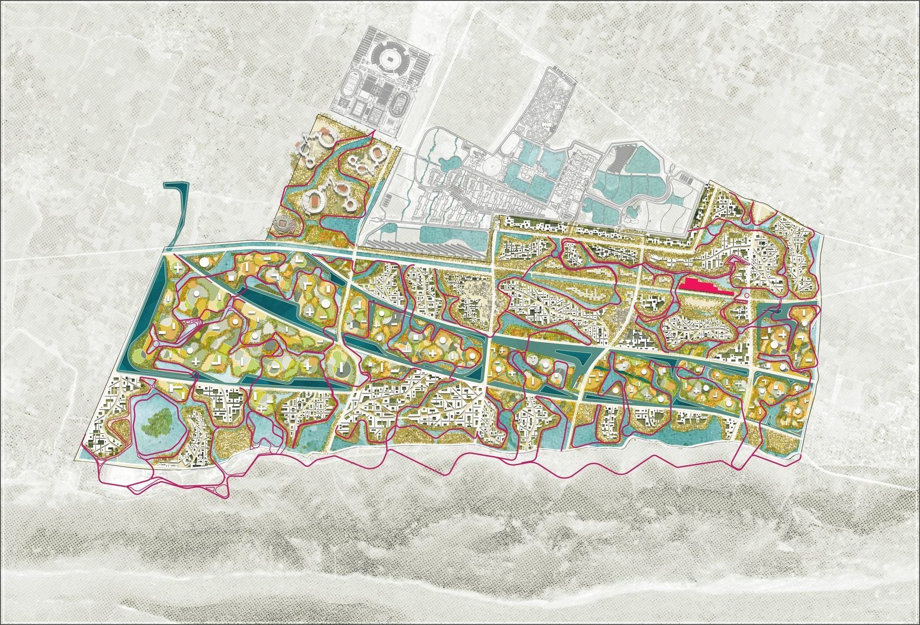 The masterplan. The whole, on its terrain.