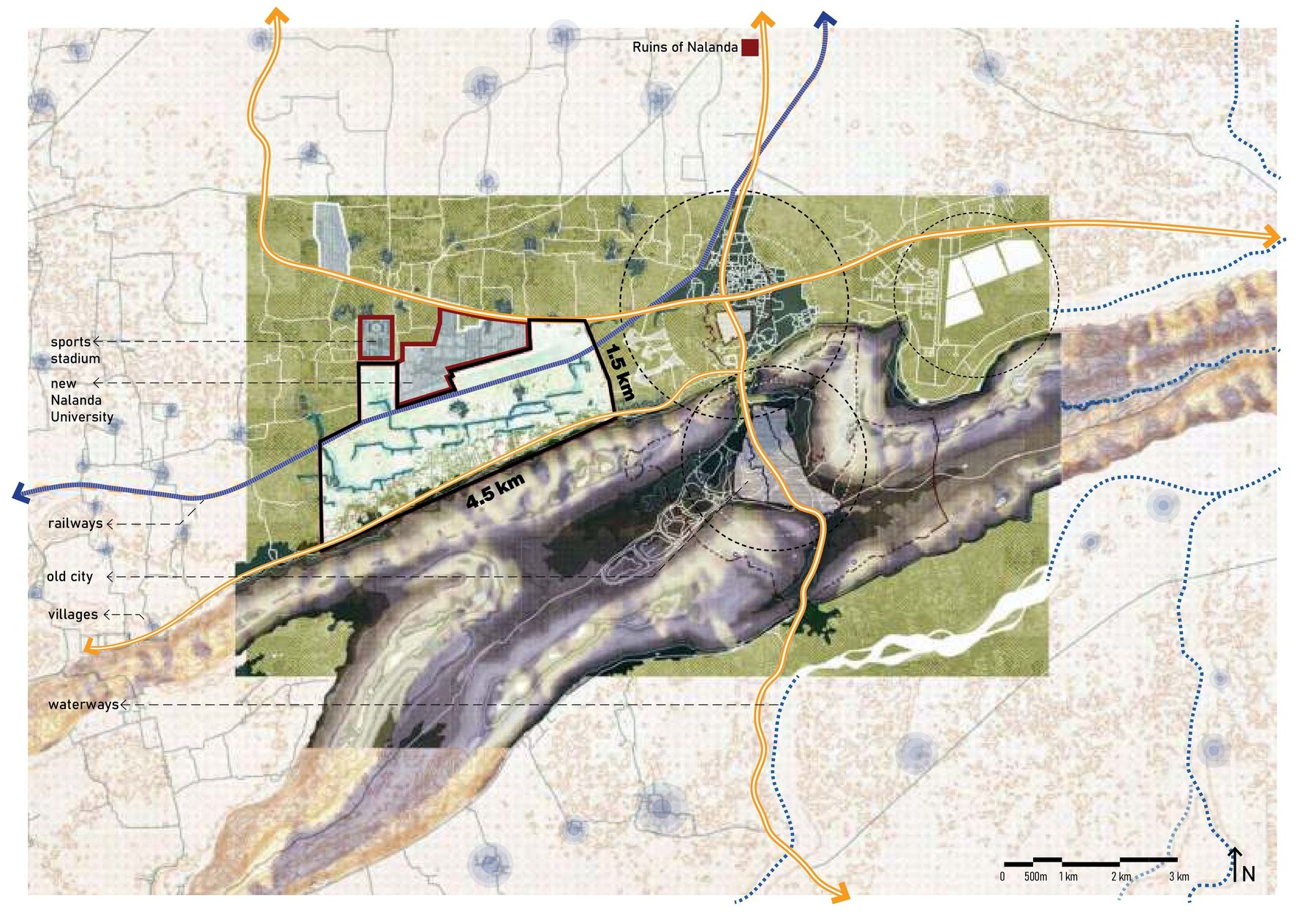 The region. The hills as a ring, the old city inside it, the villages, the railway and the highway; the site in the floodplain to the north, 4 km long, between the sports stadium and the new Nalanda University, with the ruins of Nalanda beyond.