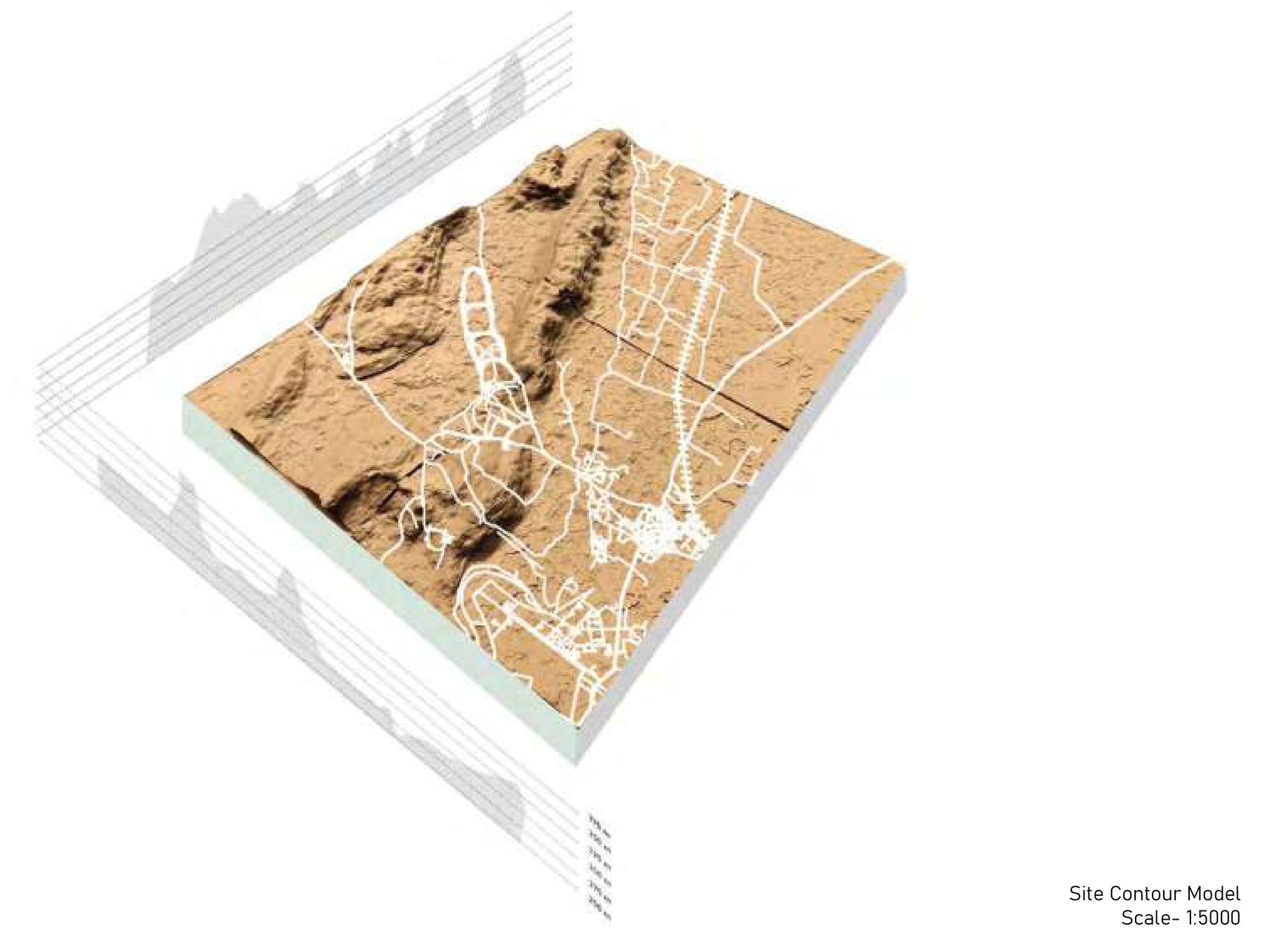 The site contour model, 1:5000. The ridges and the low ground between them; the hill at the southern edge; the flow paths the water already takes.