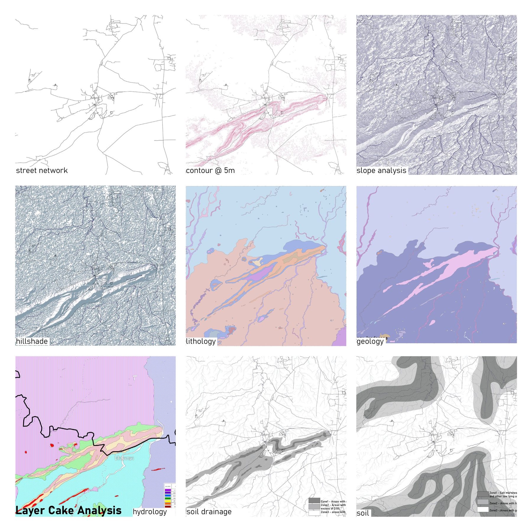 The layer cake. Nine GIS layers over the same eight square kilometres, to find which ground is buildable and which ground is doing the hydrological work.