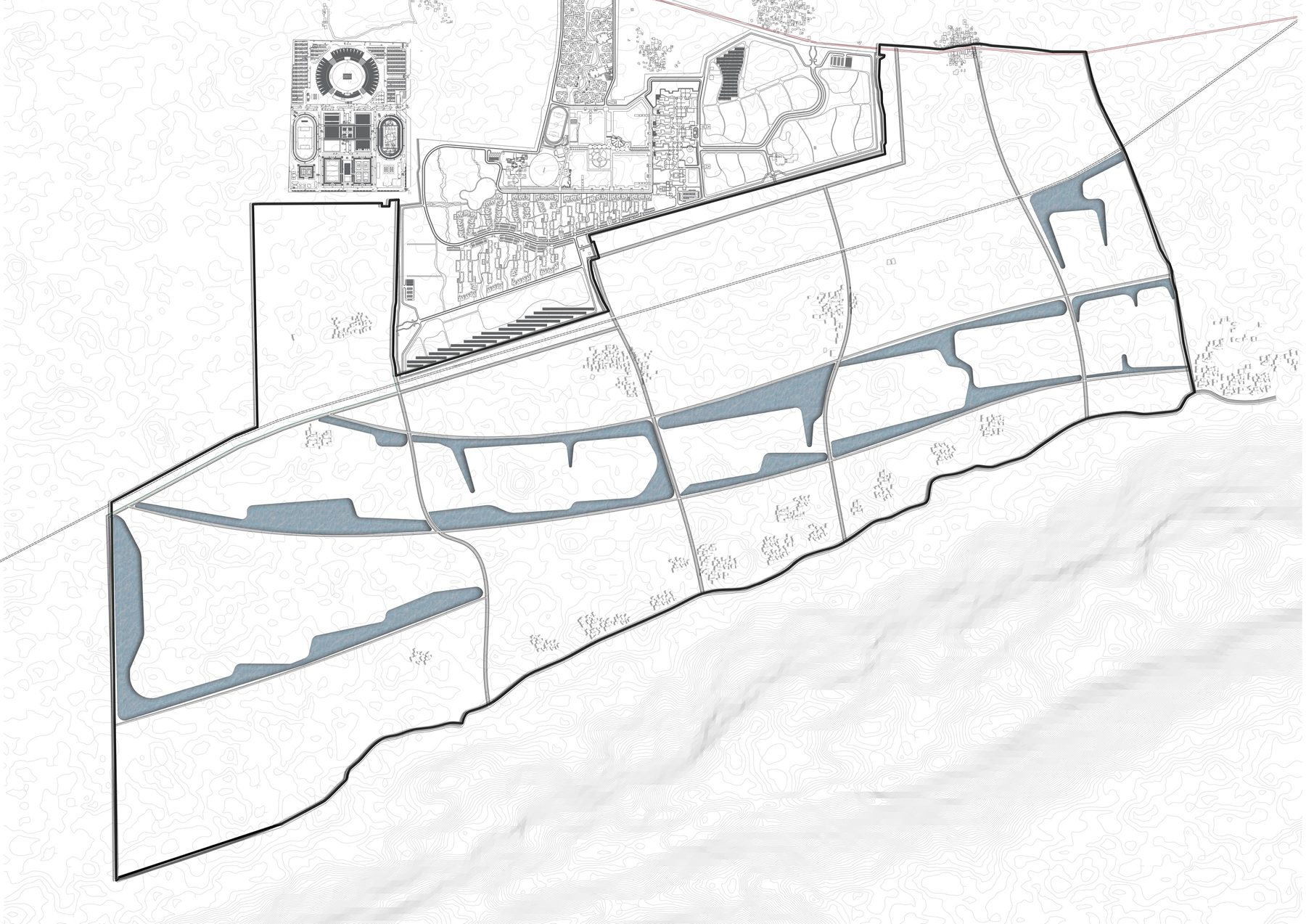 The aahars first. The embanked basins go where the hills' runoff already collects, on the low ground the contour model found. Nothing is built yet; the water has its places.