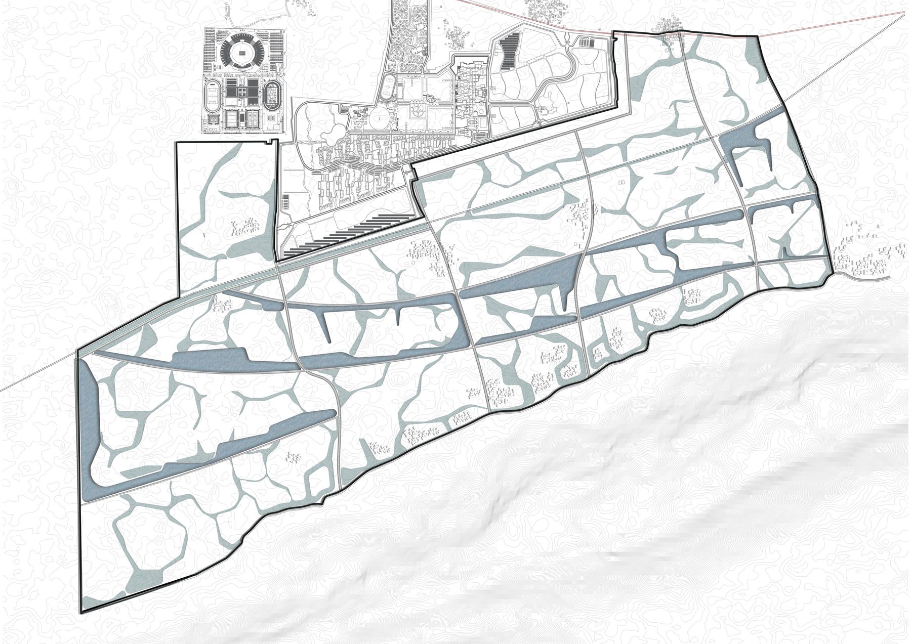 Then the pynes. The channels that join basin to basin become the wetland network and the bio-retention zones: the flood's route through the site, drawn before any street.