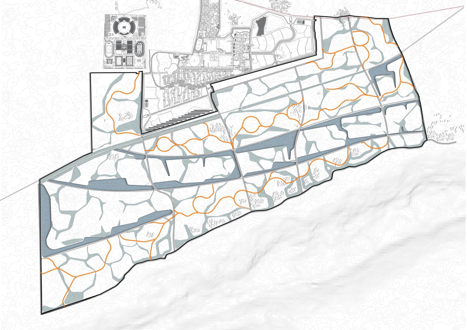 The streets, in orange. The existing portals of entry set the primary connections; the railway station becomes the multimodal hub where the loop turns north to the highway.