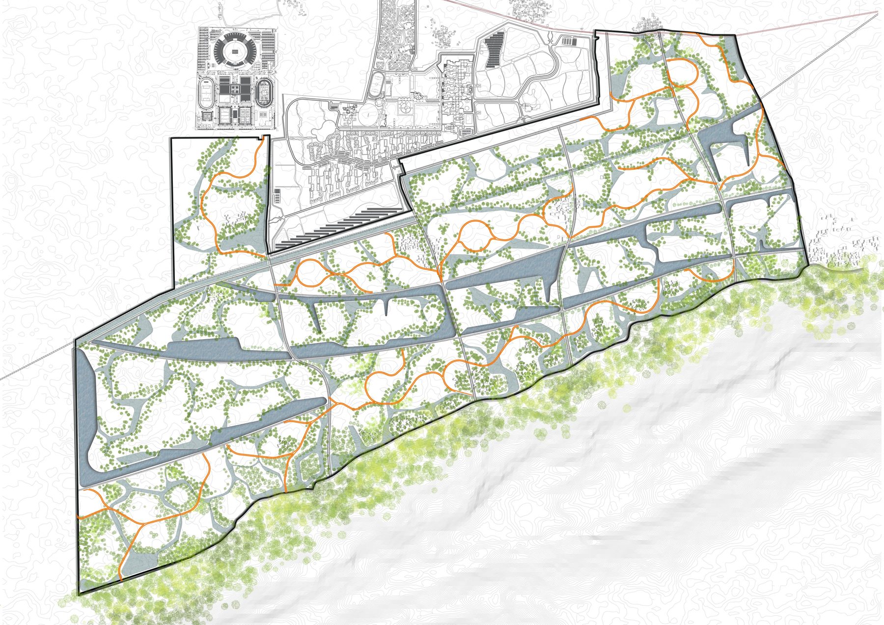 Riparian edge and green cover. A planted margin along every channel and basin, and the forest edge held against the hills: the water's banks before the city's.