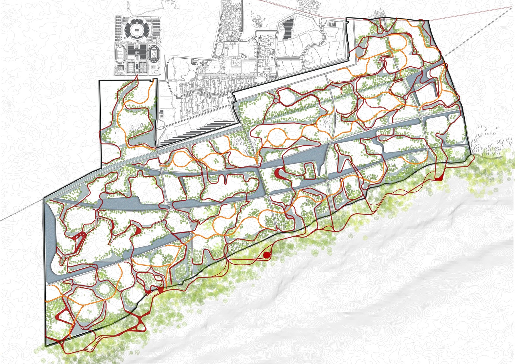 The eco-trail, in red. The primary cycle and pedestrian loop follows the pynes, because that is where the shade and the water are, and runs the length of the site.