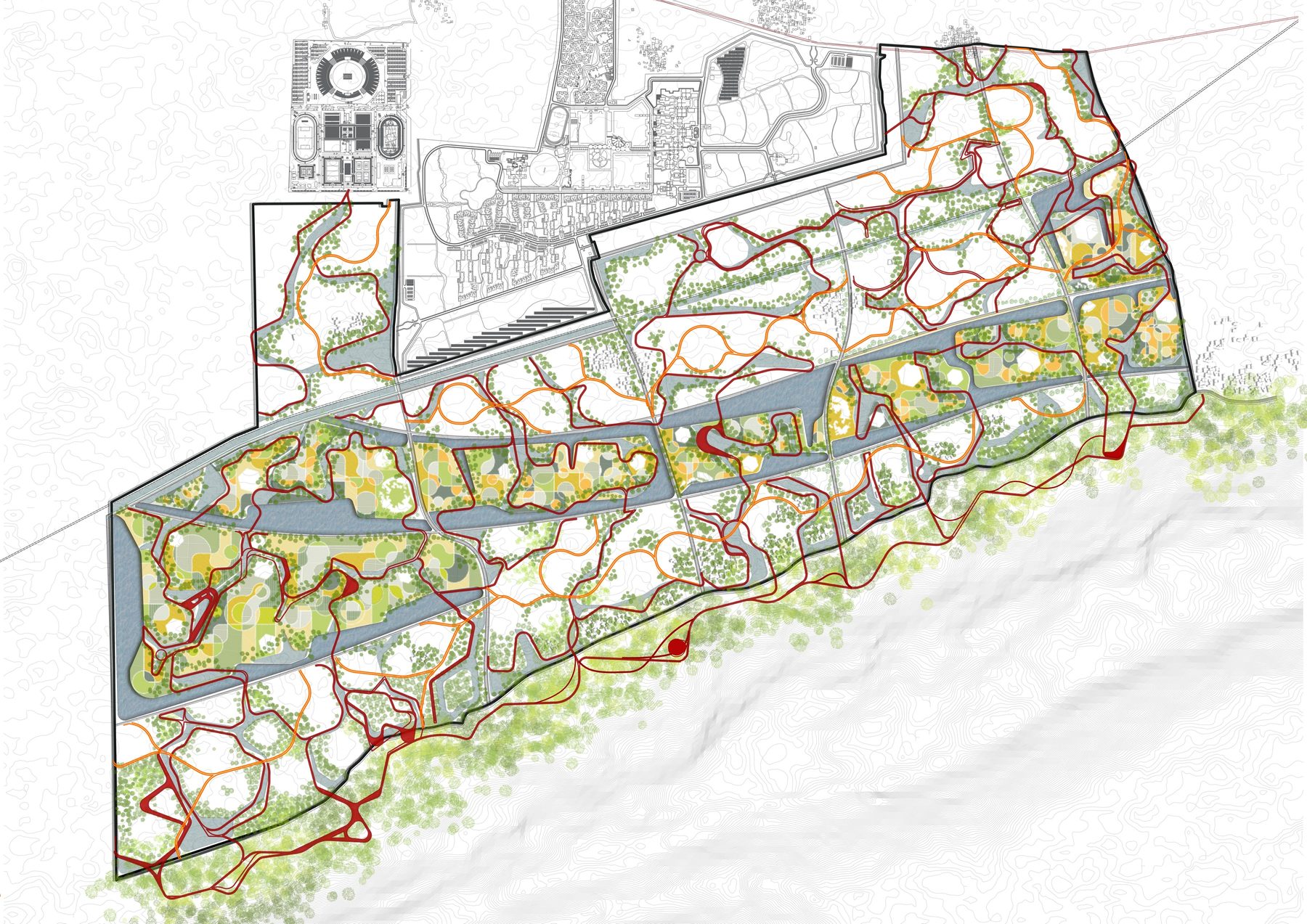 Program. Farms on the aahar-pyne, the food loop; social centres and workshops where the trail meets the water.