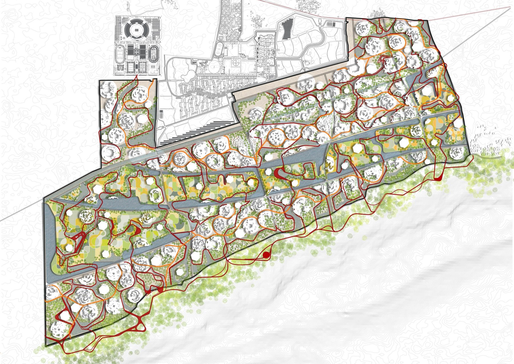The built clusters. The eco-villages sit on the ridges between the wetlands, 160 to 200 metres across, sized to the dry ground each ridge offers.