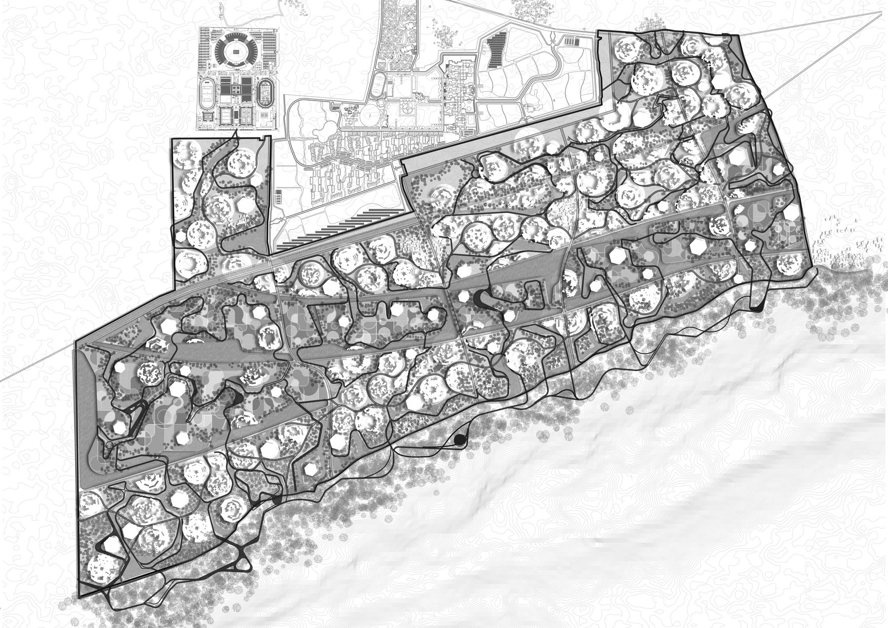 The whole, in one tone. Water, trail, green, street and built as a single fabric: at every stage the city worked, and at no stage against the water.