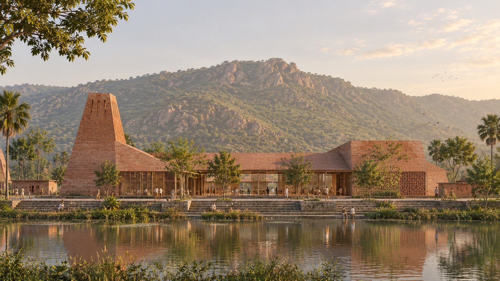 The living machine on the aahar. The brick tower and the shaded hall at the water's edge, the Rajgir hills behind; the treatment structure as the cluster's public room.
