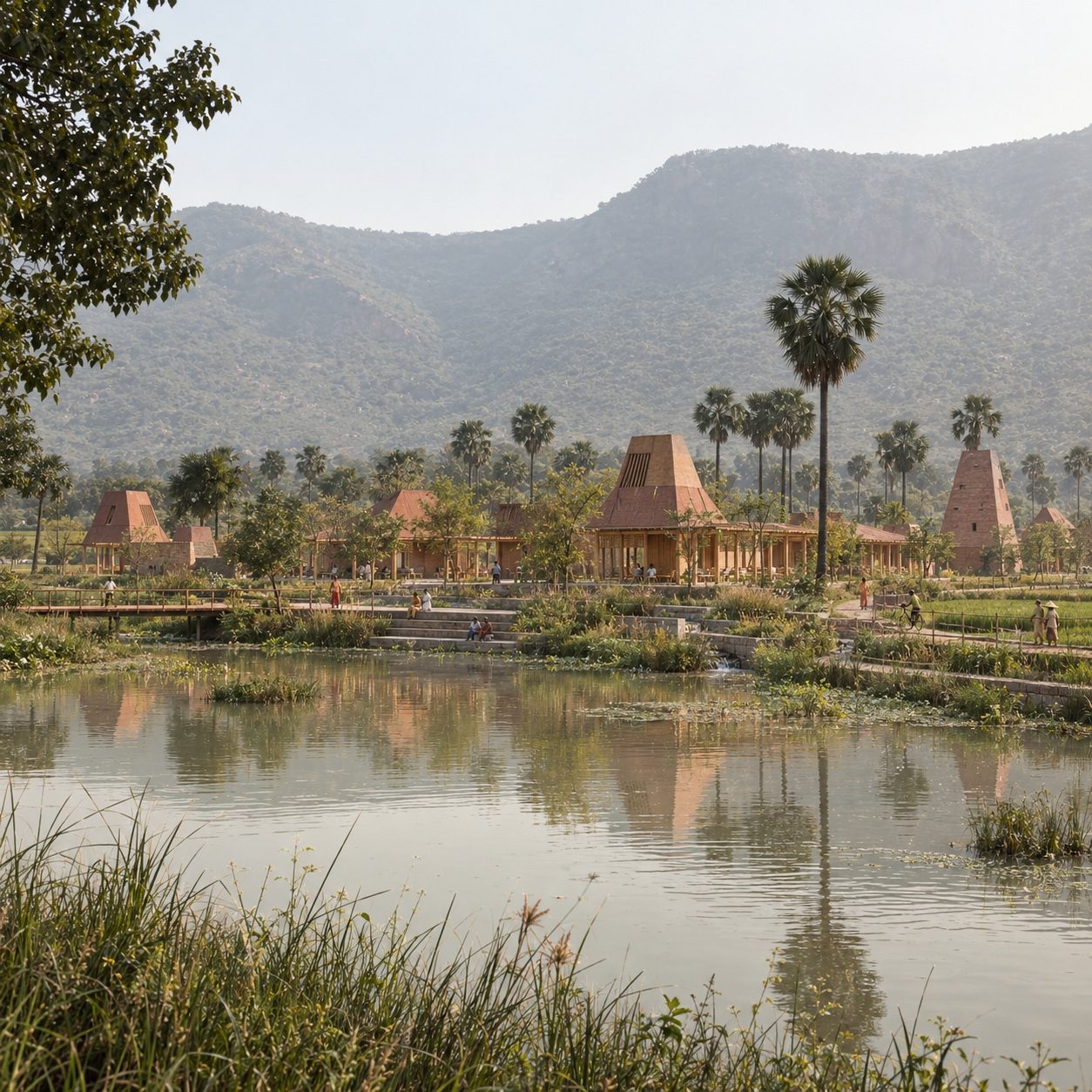 The wetland edge. Reeds, palms, the kitchens' roofs and the towers across the water.