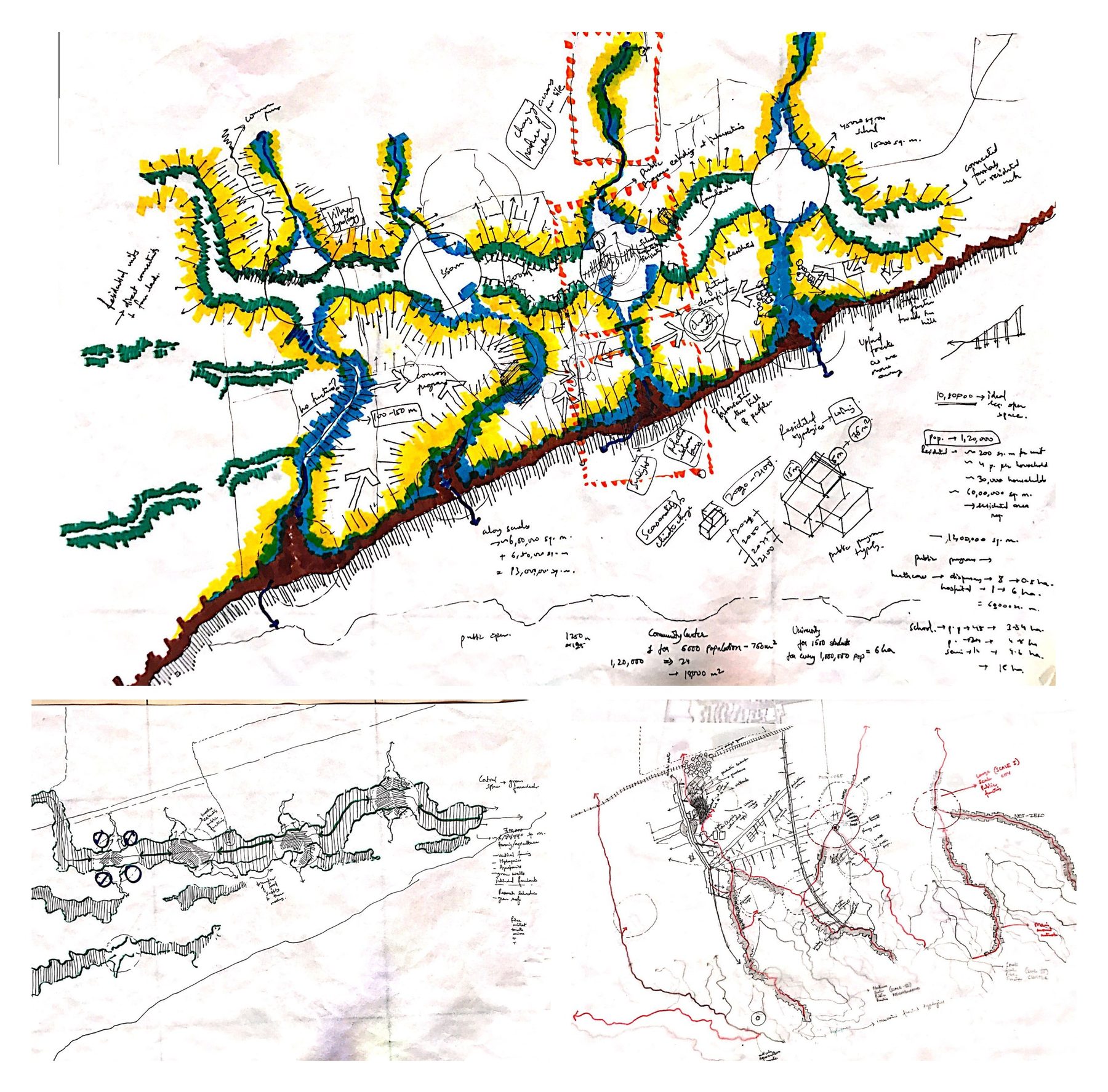 The first drawing, by hand. The wetland network in blue, the riparian edge in green, the farms in yellow and the trail along the hills in brown, with the arithmetic in the margins: how many people a cluster holds, how many schools, community centres and market squares that number needs, and where on the network they land. Below, the first two passes: the low ground traced from the contours, and the street loop over it.